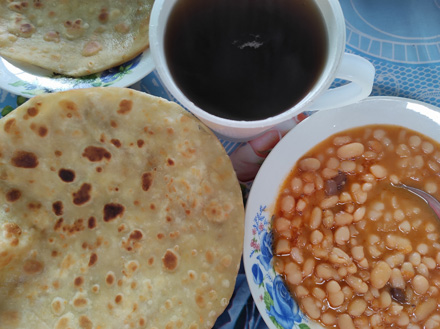 Chapati and beans for breakfast
